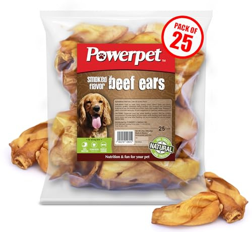 Powerpet Natural Cow Ears for Dogs - Premium Quality Treats, Low Fat, High Protein, Long-Lasting Chews - 100% Digestion - Healthy & Clean Teeth & Gums - All Breed Size - Smoked Beef Flavor, Pack of 25