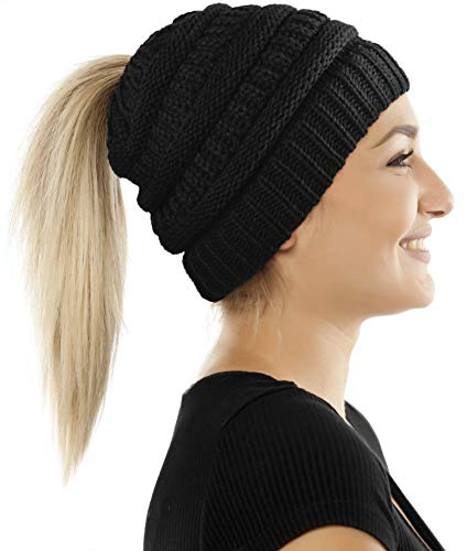 Balinco Damen & Mädchen Strickmütze mit Zopfloch für Ihren Pferdeschwanz - gestrickte Wintermütze (5a)