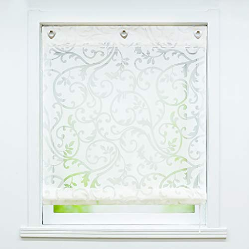 Joyswahl Voile Ösenrollo Transparenter Raffrollo Ausbrenner Raffgardinen »Jessica« Schals Fenster Gardine mit Hakenaufhängung, Raffrollo ohne Bohren BxH 100x140cm Weiß 1 Stück