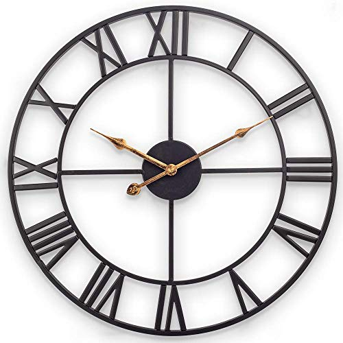 SkyNature Wanduhr Große Vintage, 60cm Industrie Dekor Wanduhren mit Römischen Ziffern, Leise Ohne Tickgeräusche Schwarz Metall Uhr, Retro Wanduhr für Wohnzimmer, Küche, Schlafzimmer, Büro, Bauernhaus