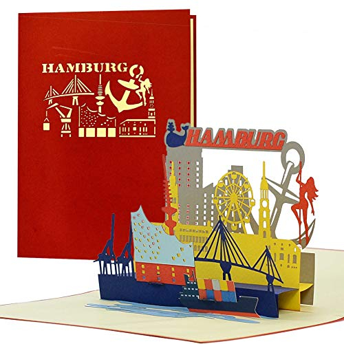 Diese-Klappkarten 3D Pop Up Karte Geburtstag mit Hamburg Motiv - Hamburg Skyline Popup Karte zum Geburtstag - Reisegutscheinkarte Pop Up Effekt - Geburtstagskarte 3D