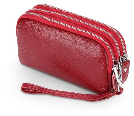 FORRICA Mujer Cartera Cuero Genuino Gran Capacidad Elegante Billeteras Cremallera Ligera Monederos Carteras de Piel para Dama con Correas de Muñeca Rojo