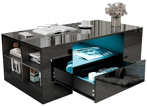 Blisswood Led Coffee Table with 2 Drawer Storage, High Gloss Coffee Table for Living Room Wooden Centre Table with RGB Led Lights Rectangle Tea Table for Living Room Furniture, Black