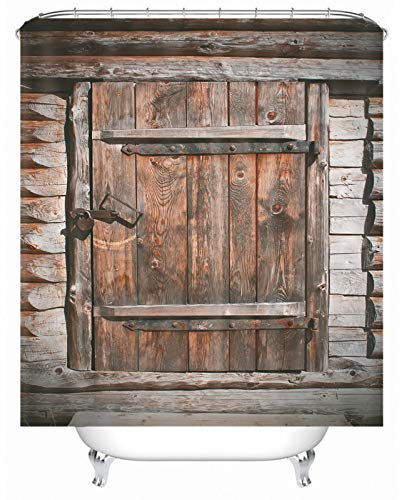 EHOMERY Duschvorhangclip Duschrollo Nach Maß Verschlossenes Holzfenster Polyester Braun Rostfreie Ösen Und 12 Hakenringe, 90X180Cm