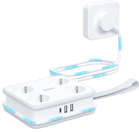 NTONPOWER Steckdosenleiste mit USB-C, Mehrfachsteckdose 4 Fach Steckdosenleiste USB mit 1,6 Meter Verteilersteckdose Mehrfachsteckdose Wandmontage, Weiß