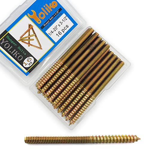 Yoliko 16 Pack 1/4-20 x 3-1/2 Inch Hanger Bolts 1/4-20 Double Headed Bolts 1/4 Wood Dowel Screws Self-Tapping Screw Hanger Bolts for Furniture Screws Double Screw Threaded Rods Bolt 88.9mm Length