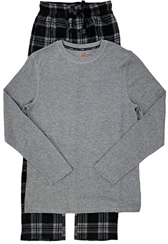 Hanes Mens Gray Plaid X-Temp Thermal Top Fleece Pant Sleepwear Pajama Set L
