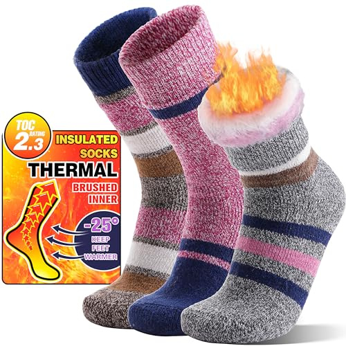 MOGGEI Heated Thermal Socks for Men Women Winter Warm Thick Insulated Ski Boot Work Cabin Socks Gifts Stocking Stuffers 3 Pairs(Pink Grey Stripes,L)