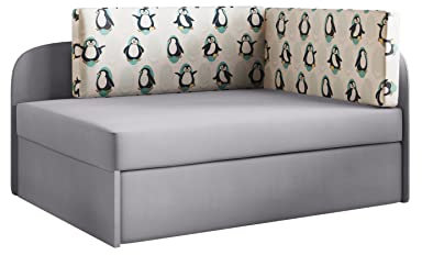 Kaiser Möbel - Kindersofa mit Schlaffunktion und Bettkasten, Kleines Sofa L-Form, Kinder Bett, Bequemes Couch für Kinderzimmer und Jugendzimmer, Stoff Casablanca, Winnie Pinguin, Grau, Links