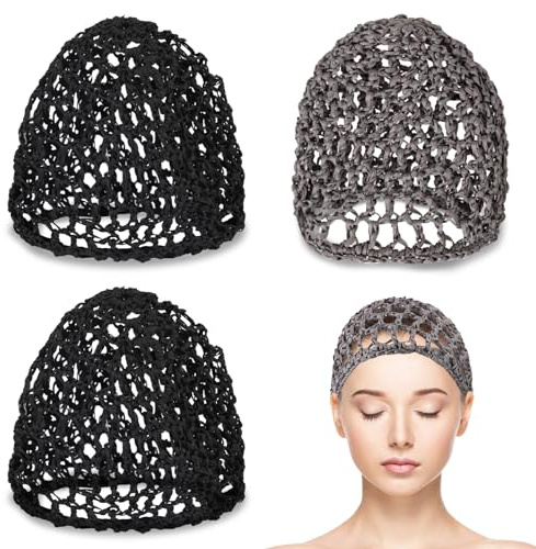3 Pack Hair Nets Cap Mesh Crochet Sleeping Hairnet Rayon Knit Snood Hat Cover Short Hair Cover Mesh Wrapping Crochet Wave Cook Hats Rayon Cover Hair Wraps for Ballet Women(Grey/Black)