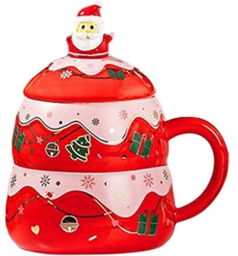 FülleMore Keramik Weihnachtstasse Kerative 3D Weihnachtsbaum Kaffeetasse mit Löffel Kaffeebecher 400ml Porzellanbecher Teetasse Milchbecher Geschenk für Weihnachten Geburtstag (Rot)