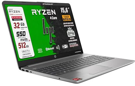 HP 255 G9 notebook portatile, 32 gb ddr4, SSD da 512 Gb display FHD 15.6, cpu Ryzen 3 5425 4 Core, Tastiera retroilluminata, Wi-fi 6, 3 usb, Win 11 Pro, libre office, pronto all'uso, garanzia italia