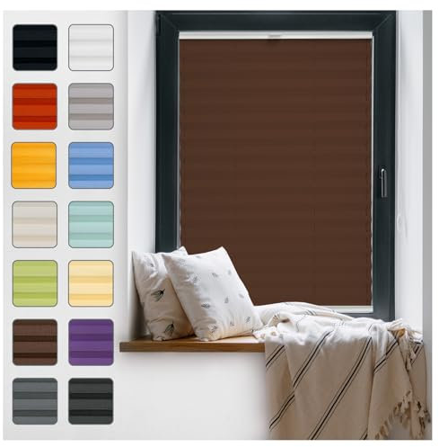 Fenster Plissee ohne Bohren zum Kleben Innenrahmen - Thermo Plisseerollo Innen - Rollo Jalousie, Halterungen auf Rahmen, Faltrollo, Sichtschutz, Blickdicht, für Fenster & Tür - Braun, 90 x 220 cm