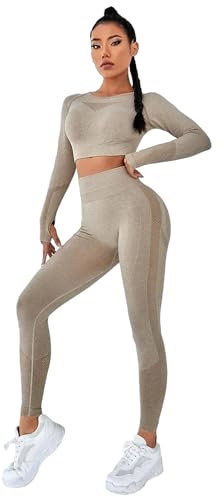 Jamron Damen Winter Dicke 2 Stücke Yoga Kleidung Set Crop Top + Leggings Gymnastikanzug SN079110 Khaki M