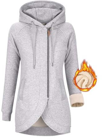 UMIPUBO Huvtröja dam fleecejacka sweatjacka höst vinter sweatshirt lång dragkedja kofta med huva lång kappa ytterkläder huvjacka med fickor, LJUSGRÅ, M