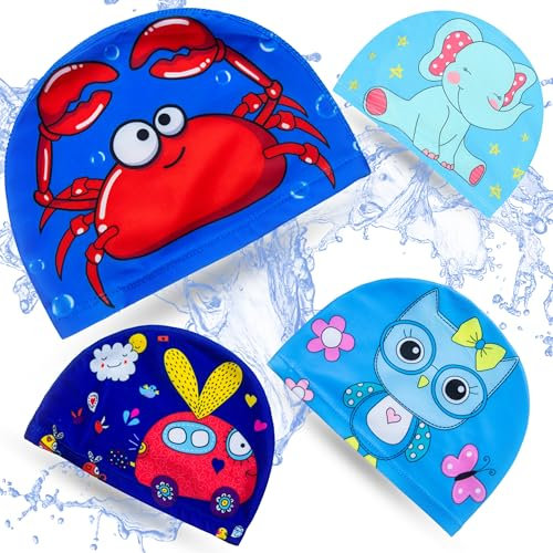 4 Unidades de Gorros de Piscina para Niño, Gorros de Tela de Natación para Niño, Gorro Piscina Bebé, de 1 a 6 Años, Gorro Elástico Apto para Pelo Largo, Gorro de Natación con Dibujos. (Azul)