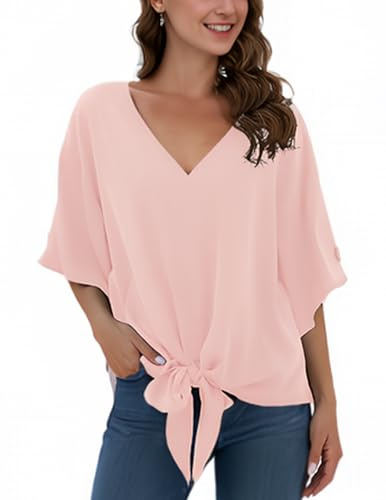 Anelune Ladies' Chiffon Blouses Short Sleeves Summer Tops | V-Neck, Tie Front, Batwing Sleeves, Loose Casual, for Women UK, T-Shirts
