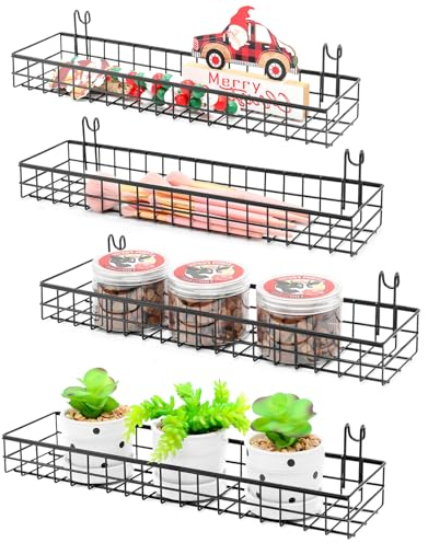 ANZOME Wire Wall Basket, Grid Basket with Hooks, Mounted Organizer for Wall Grid, Kitchen Organizer, Wire Storage Shelf Rack for Home Supplies or Decoration(Four-Pack)