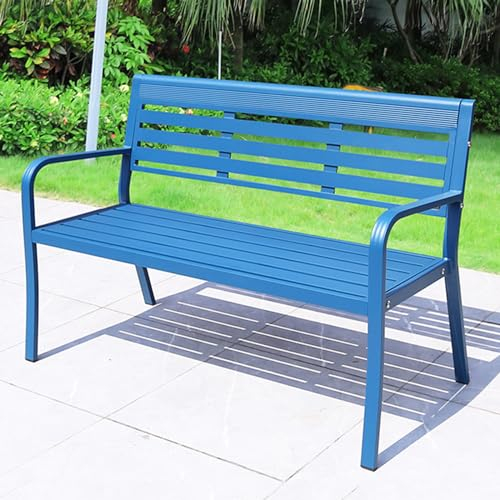 49-Zoll-Gartenbank für Den Außenbereich, Wetterfeste Aluminium-Verandabank, 2-Sitzer-Park-Terrassen-Loveseat-Stuhl mit Lattensitz für Hof, Rasen, Veranda, Terrasse, Rasen ( Color : Blue , Size : With
