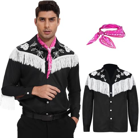 AJGEGJE Costume da cowboy da uomo con sciarpa, camicia da cowboy da film, carnevale Halloween costume cosplay da uomo, Nero , L