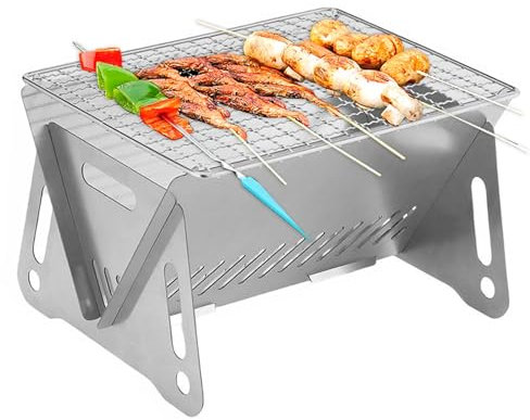 Collapsible Campfire Grill Camping Fire Pit, Foldable Wood Burning Charcoal Grill with Bag, Assemblable Removable Stove with Grill Mesh, Portable Camping Grill for Travel, Outdoor Cooking