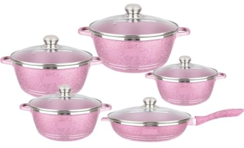 RUVOO Cookware Cooking Pots, 5 Pcs Cooking Pot Nonstick Cookware Sets With Glass Lids Aluminium Home Frying Pan Stock Pot Kitchen Supplies Kitchen Saucepan Set(Pink)