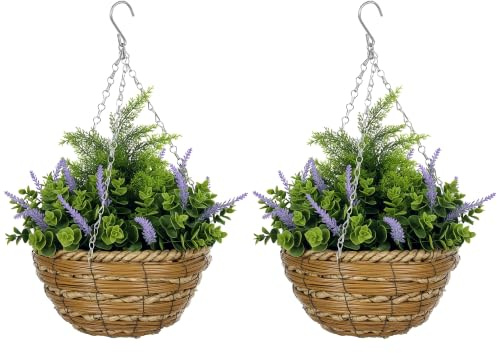 Outsunny Pack of 2 Hanging Basket Fake Flowers Realistic PE Rattan Purple | with Lisianthus, Eucalyptus and Pine, Faux Plants, Basket and Chain, for Outdoor Garden, Porch, Patio, Balcony