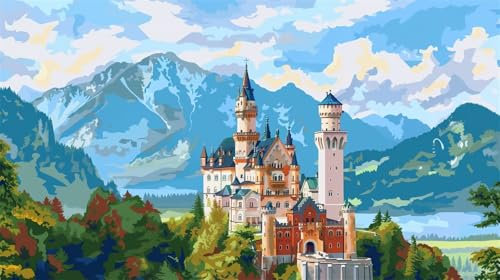 Malen Nach Zahlen, Malen Nach Zahlen Schloss Neuschwanstein Paint by Numbers, DIY Landschaft mit Pinseln und Acrylfarben Handgemalt Ölgemälde Leinwand für Geschenke, Wanddeko, Ohne Rahmen (160x90cm)