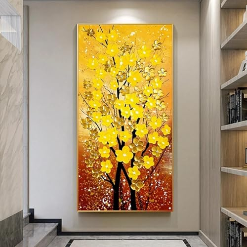 CHAOJIART Ölgemälde mit goldener Blume und Geldbaum an der Wand, Leinwand, Poster und Drucke, Wandkunst, abstraktes Bild für Wohnzimmerdekor, 50 x 100 cm, rahmenlos