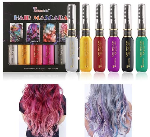 Gireatick Mascara per capelli istantaneo, 6 colori, per ragazze e donne, lavabile, colore per capelli, gesso, arcobaleno, mascara per compleanno, cosplay, fai da te (B, scatola)