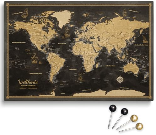 Generisch Personalisierbare Leinwand aus Weltkarte Motiv mit Rückwand-Pinnwand, perfekt für Reisende und als Wanddekoration, Dekorative Leinwandbilder, inkl. 100 Pins (Design 1, 70x50cm)