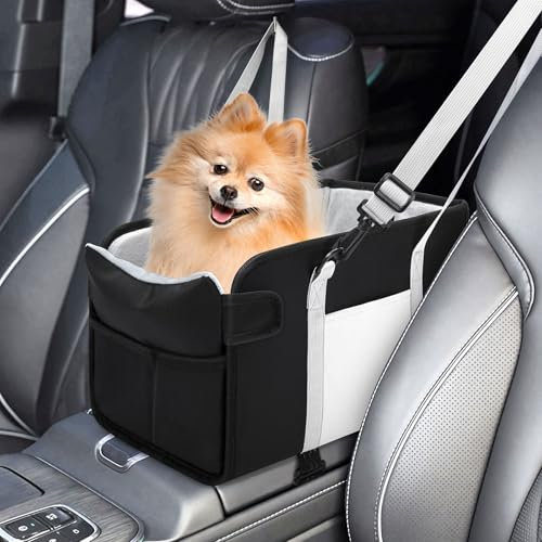 Hunde-Autositz für kleine Hunde, tragbare Mittelkonsole, Hundeautositz mit waschbarem Kissen, verstellbaren Riemen, Welpen-Autositz, Sicherheitsleine und Aufbewahrungstasche, Haustier-Sitzerhöhung für