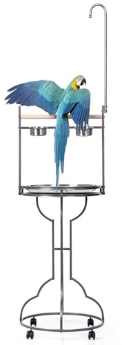 LeFluffy Parrot Stand, Stainless Steel Feed Bowls, Large Bird Playstand, Metal Bird Table Play Stand, Macaw Play Gym Ground Stand Rolling Wheel, Pet Gift