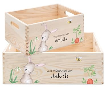 wunderwunsch Osterkiste, Osterkorb, Osternest, Osterkörbchen personalisiert, Ostergeschenk Kinder, Osterdeko Holz, individualisiert mit deinem Wunschnamen (Osterhase, klein 30x20x13)