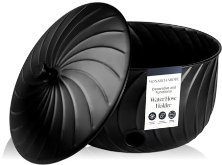 Monarch Abode Decorative Garden Hose Holder with Lid, Matte Black Storage for Outdoor Use, 100 ft Water Hose Pot for Outside, Wave Embossed Metal Pot with Drainage, Garden Storage Organizer