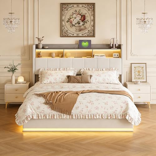 Plcnn Letto Matrimoniale con Contenitore, 140x200 cm, Letto Imbottito con LED e Ricarica USB, Testiera con Vano Portaoggetti, letto Idraulico con Rete a Doghe, Tessuto in Velluto, Bianco