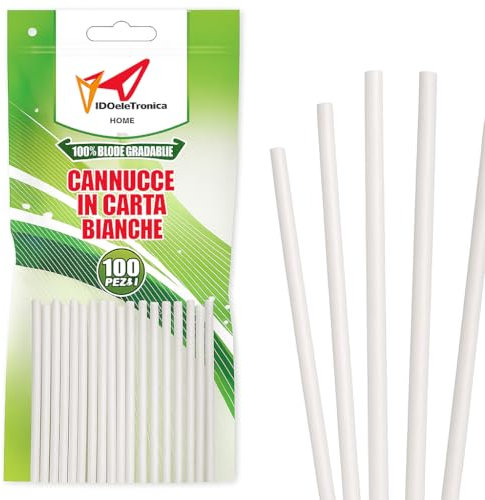 Cannucce Carta 100 Pezzi – 20 cm x 6 mm – Biodegradabili e Compostabili, Monouso, Ecologiche – Cannucce Bevande Fredde e Calde – Ideali per Feste, Bar, Eventi – Colore Naturale (100, bianche)