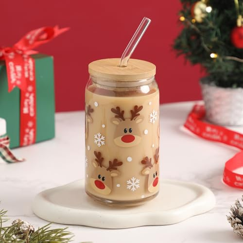 Christmas Reindeer Cup, 16oz Clear Glass Cups with Lids and Straws, Cute Glass Cups for Women, Reindeer Pattern Design, Reusable Drinking Cup with Bamboo Lids, Santa Christmas Gifts for Women