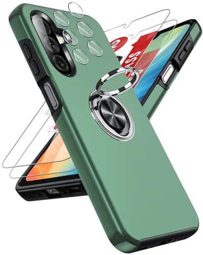 LeYi for Samsung Galaxy A26 Phone Case with 2 Screen and 2 Lens Protector | Invisible Metal Ring Stand Holder Shockproof Protective Cover for Samsung Galaxy A 26 - QGreen