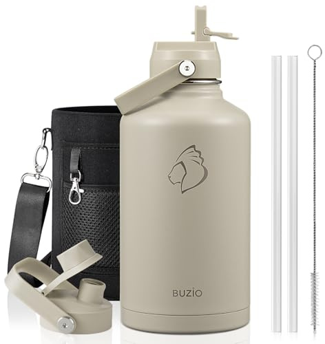BUZIO Botella isotérmica 2L acero inoxidable, tapa con pajita y boquilla | Gran termo metálico, mantiene frío 48h y calor 24h. A prueba de fugas, sin BPA, ideal para gimnasio, viajes y deportes