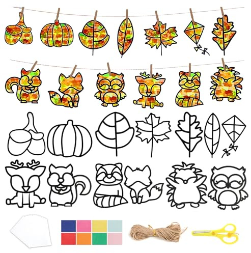 Activités Automne Enfant, 13 kits de bricolage en papier pour Halloween, Thanksgiving, Noël, couronnes, feuilles, autocollants muraux, Attrape Soleil Vitrail D'automne DIY Pour Filles Garçons