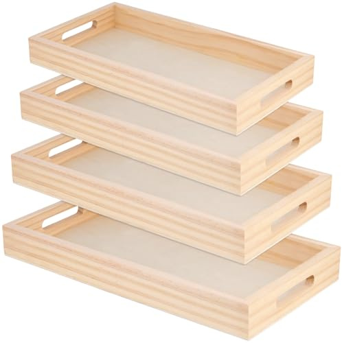 SYUTBOU 4 Teilig Holztablett Rechteckig, 33-39 cm Verschiedene Größen Tablett Serviertablett mit Griffen, Tablett Holz Rechteckig für Küche Und Wohnzimmer, Fruit, Snack