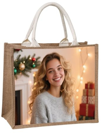 Ybing Personalisiert Leinen Einkaufstasche mit Foto/Text, Individuell Jutebeutel Strandtasche Selbst Gestalten Jutetasche Tote Bag für Geburtstags,Weihnachts,Party