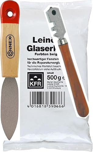 3-teiliges SET: 1x Fensterkitt 500g beige + 1x Kittmesser + 1x Glasschneider