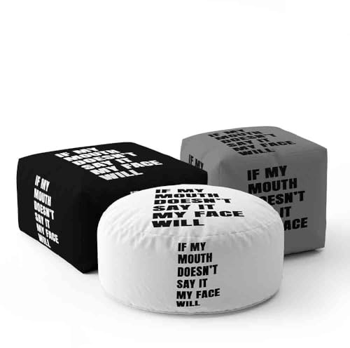 Personalised Kids Pouffe If My Mouth Doesn’t Say It My Face Will | Custom Background Colour | Funny Quote Design | Low Seat, Cube or Circle Pouffe | Nursery or Kids Room Gift