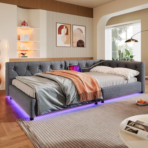 ZIDEY Polsterbett Schlafsofa 90x200 mit LED, USB-Anschlüssen, Tagesbett Ausziehbett mit Lattenrost, Sofabett Funktionsbett Daybett, ohne Matratze, Grau