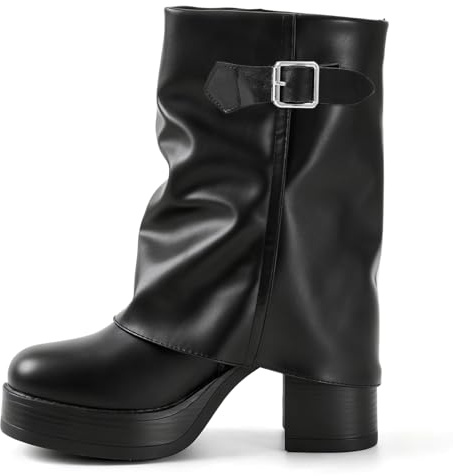 Genesandro slouchy stövlar kvinnor med 8 cm klack, eleganta vikta överstövlar höga, svarta högklackade fallstövlar för vardag och gatustil, Onyx svart, 37 EU