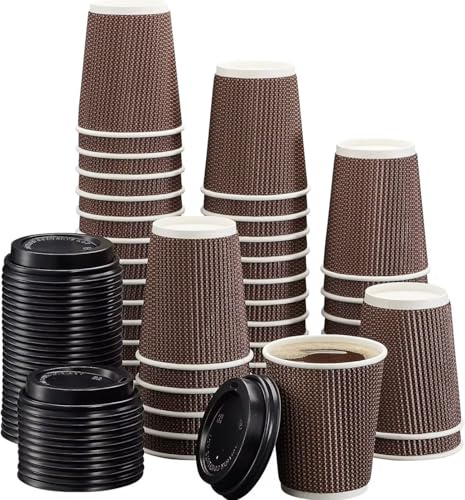 200 x 8oz Brown Kraft Ripple Paper Coffee Cups with Lids Triple Wall Insulated Disposable Hot Drink Cups, Leak-Proof Durable Cups for Tea, Coffee, Cappuccino, Takeaway, Office & Catering
