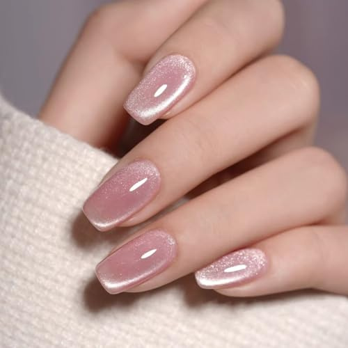 Clawrex Cat Eye Press on Nails Kurz, 24 Stück Rosa Rund Nägel zum Aufkleben Katzenaugen, Full Cover Fingernägel Mit Nagelkleber, Glänz Soft Gel Fake Nails für Frauen, Künstliche Nagel Nail Art
