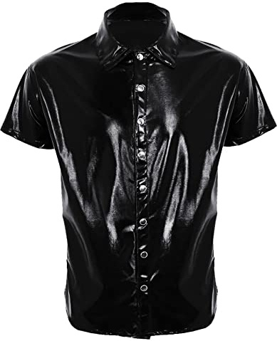 Camisetas De Manga Corta Talla Grande para Hombre Camisa Discoteca Blusa Informal Elegante Cuero Ajustada SexTop Club Color Liso Top Vintage Gótico Versátil Fiesta Carnaval